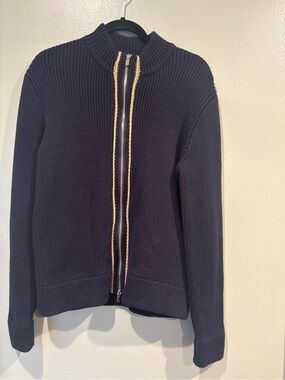 ATM Anthony Thomas Melillo Navy Ribbed Zip-Up Sweater with Tan Trim
